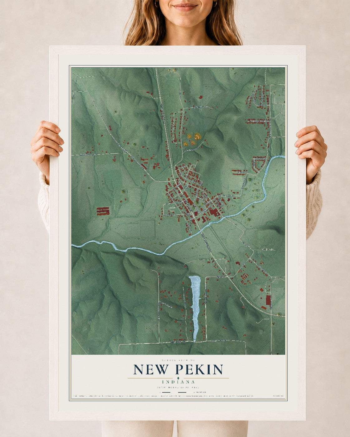 Map of New Pekin, Indiana, 24 x 36 inch print in a white wood frame