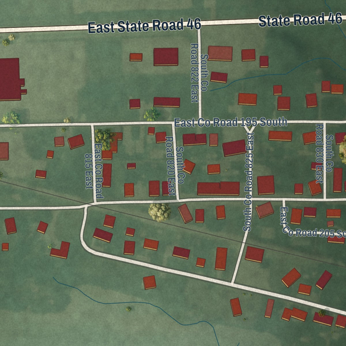 Close-up of the map of New Point, Indiana print showing street and building detail