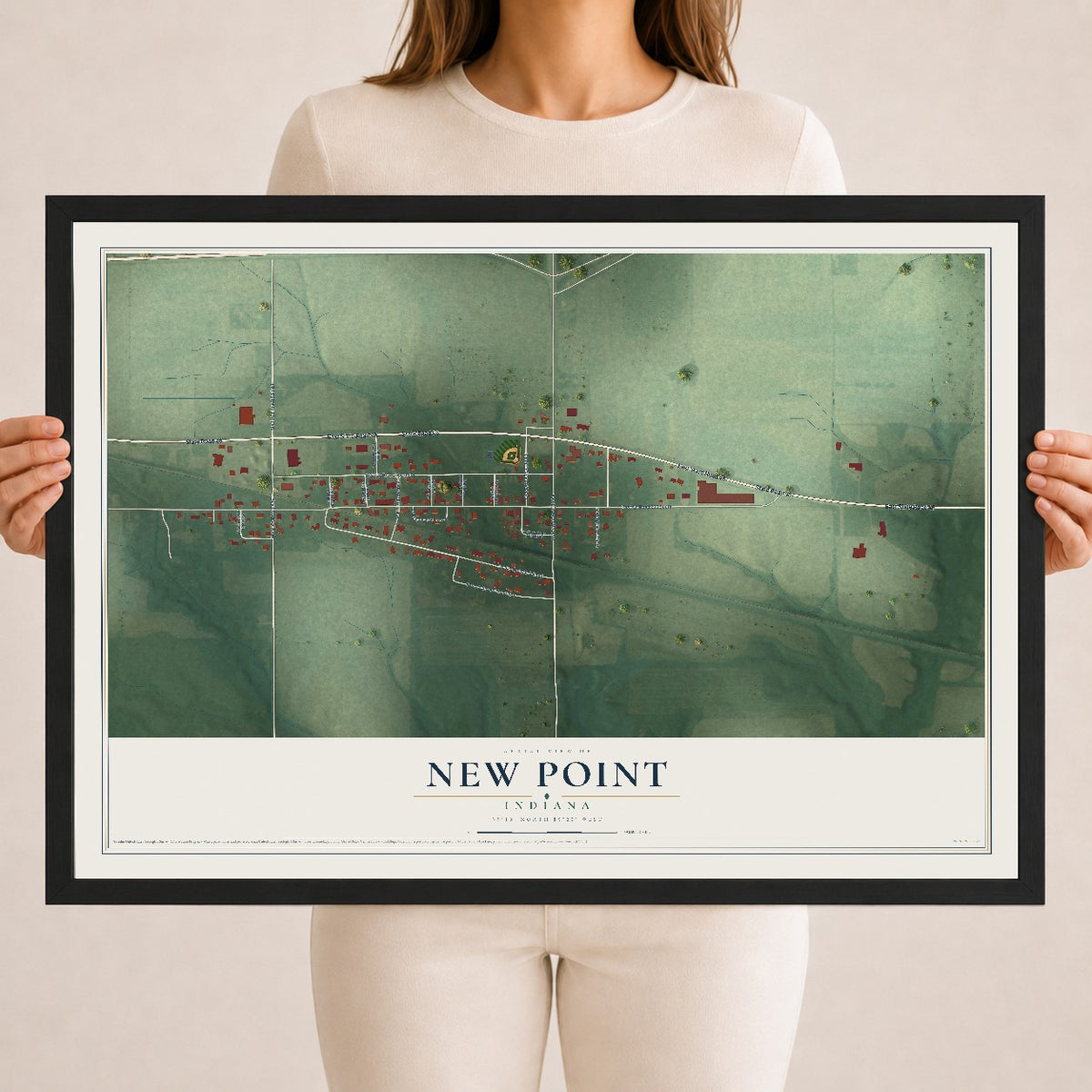 Map of New Point, Indiana, 18 x 24 inch print in a black wood frame