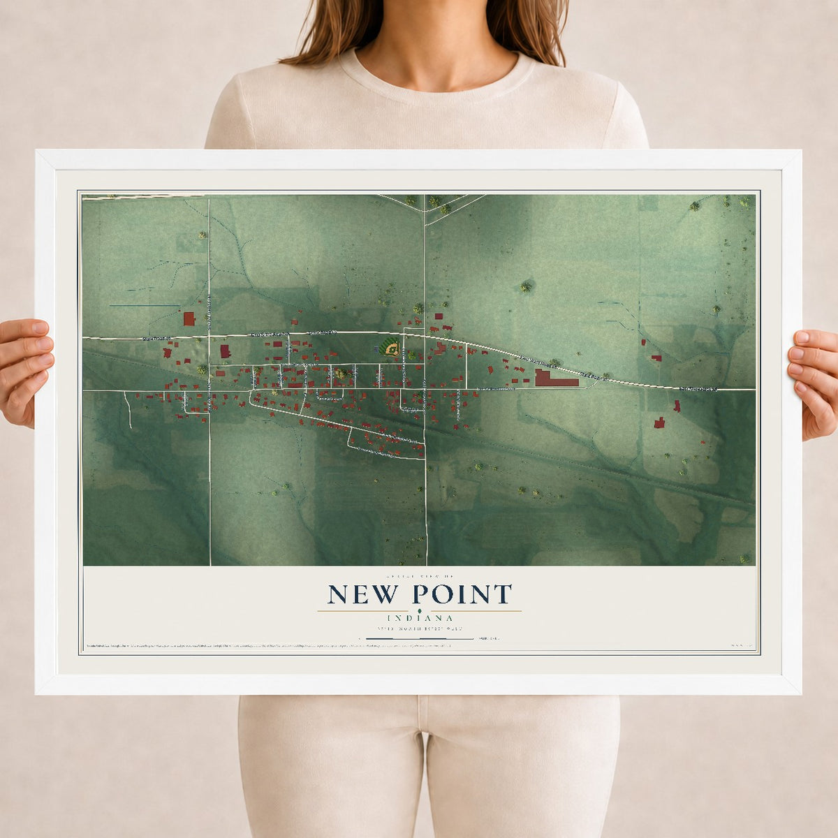 Map of New Point, Indiana, 18 x 24 inch print in a white wood frame