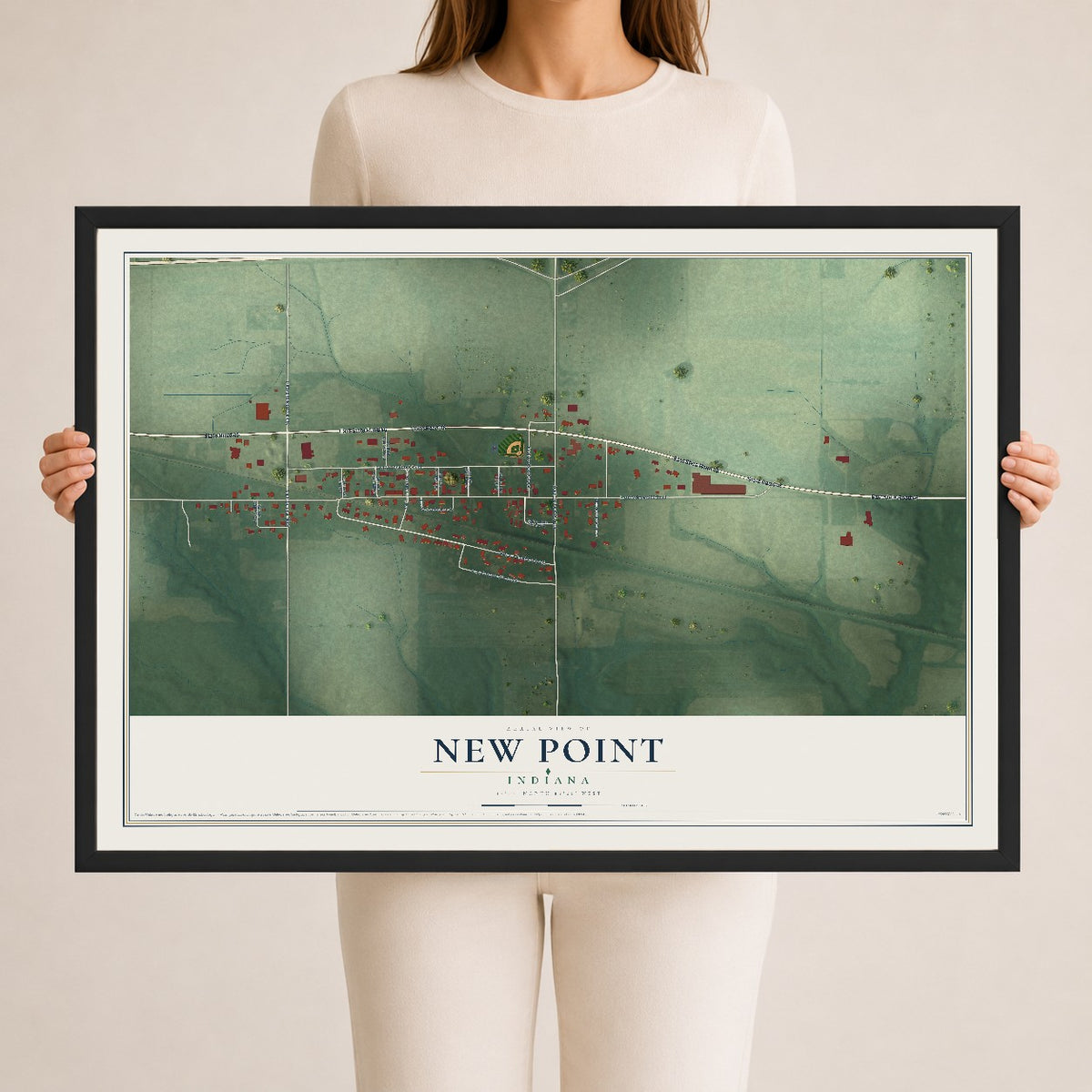 Map of New Point, Indiana, 24 x 36 inch print in a black wood frame