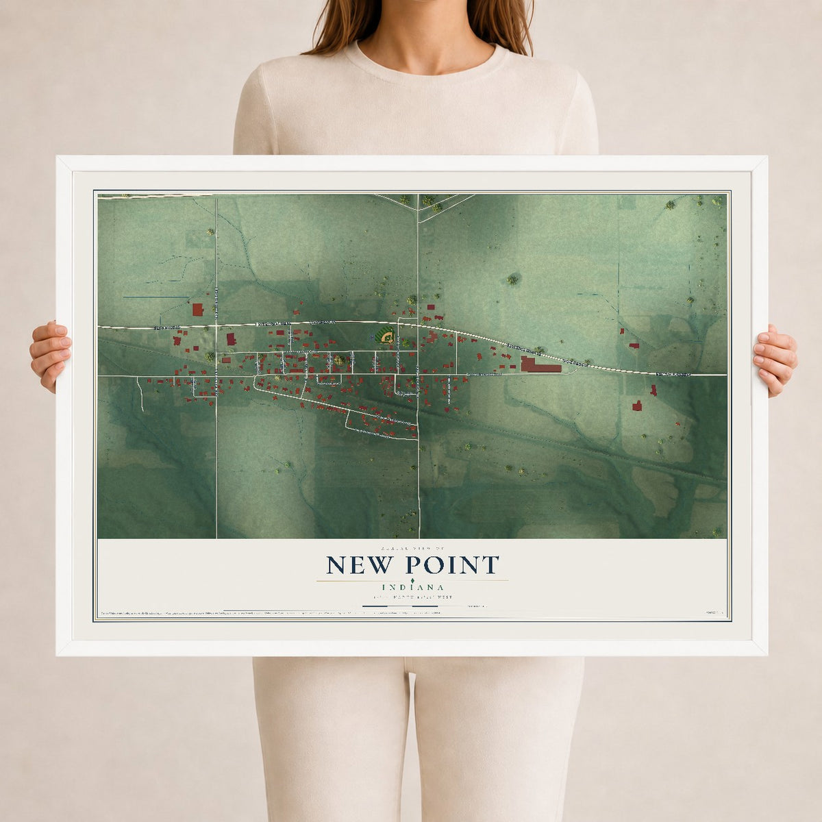 Map of New Point, Indiana, 24 x 36 inch print in a white wood frame