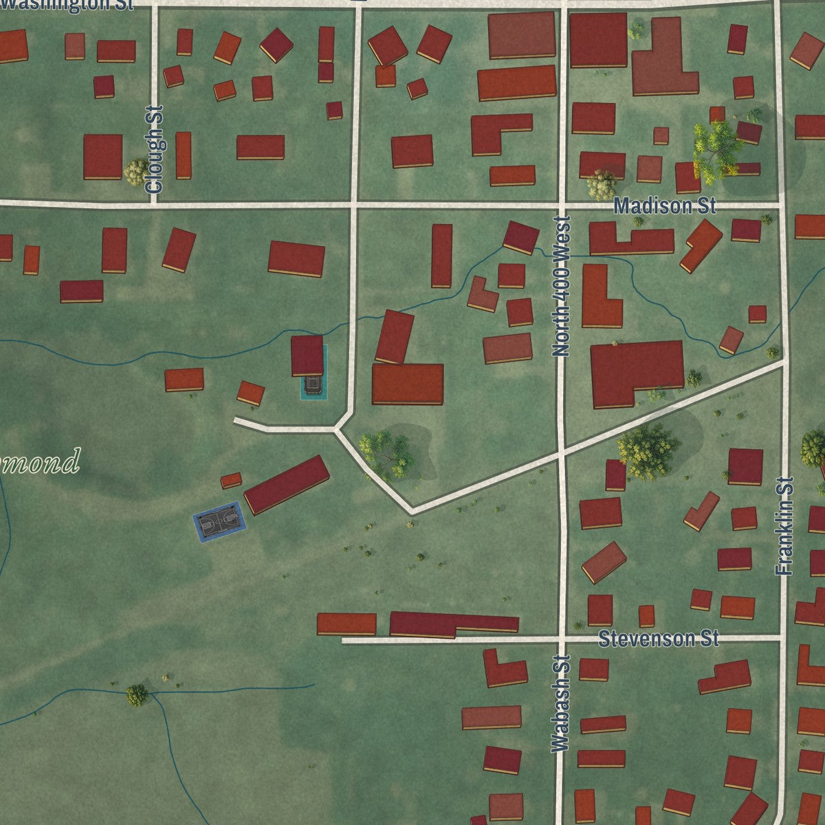 Close-up of the map of New Richmond, Indiana print showing street and building detail