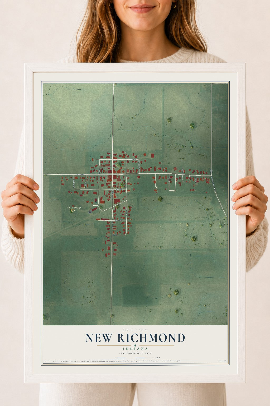 Map of New Richmond, Indiana, 18 x 24 inch print in a white wood frame