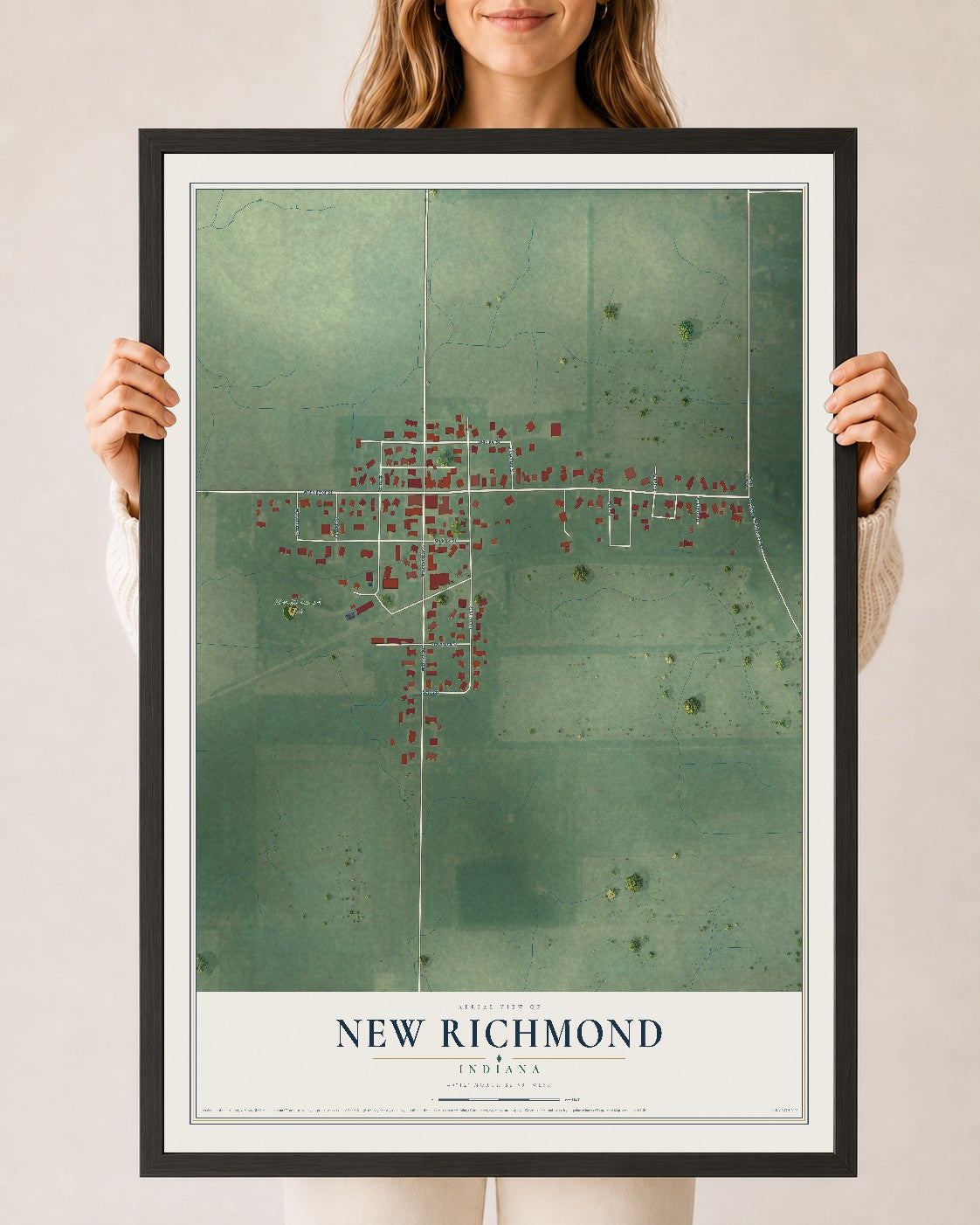 Map of New Richmond, Indiana, 24 x 36 inch print in a black wood frame