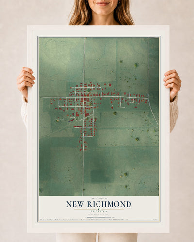 Map of New Richmond, Indiana, 24 x 36 inch print in a white wood frame