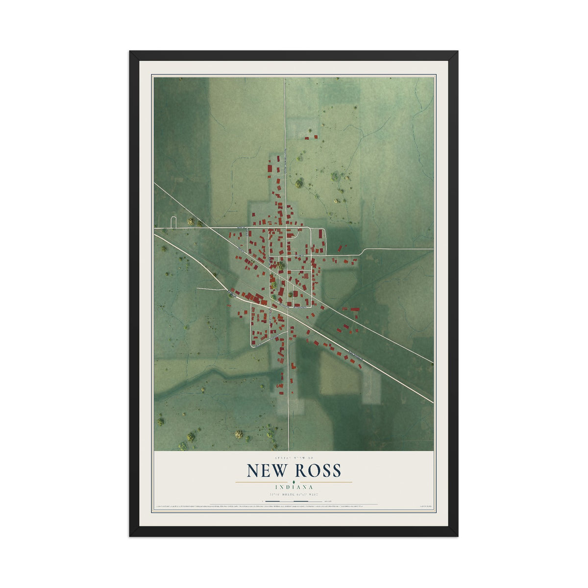 Map of New Ross, Indiana, 12 x 18 inch print in a black wood frame