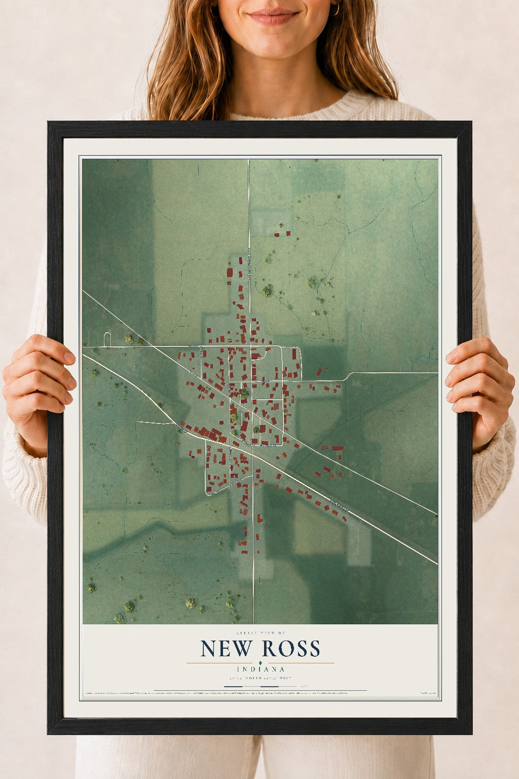 Map of New Ross, Indiana, 18 x 24 inch print in a black wood frame
