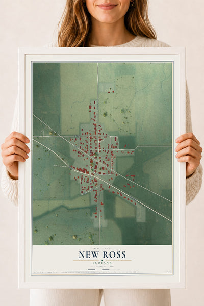 Map of New Ross, Indiana, 18 x 24 inch print in a white wood frame