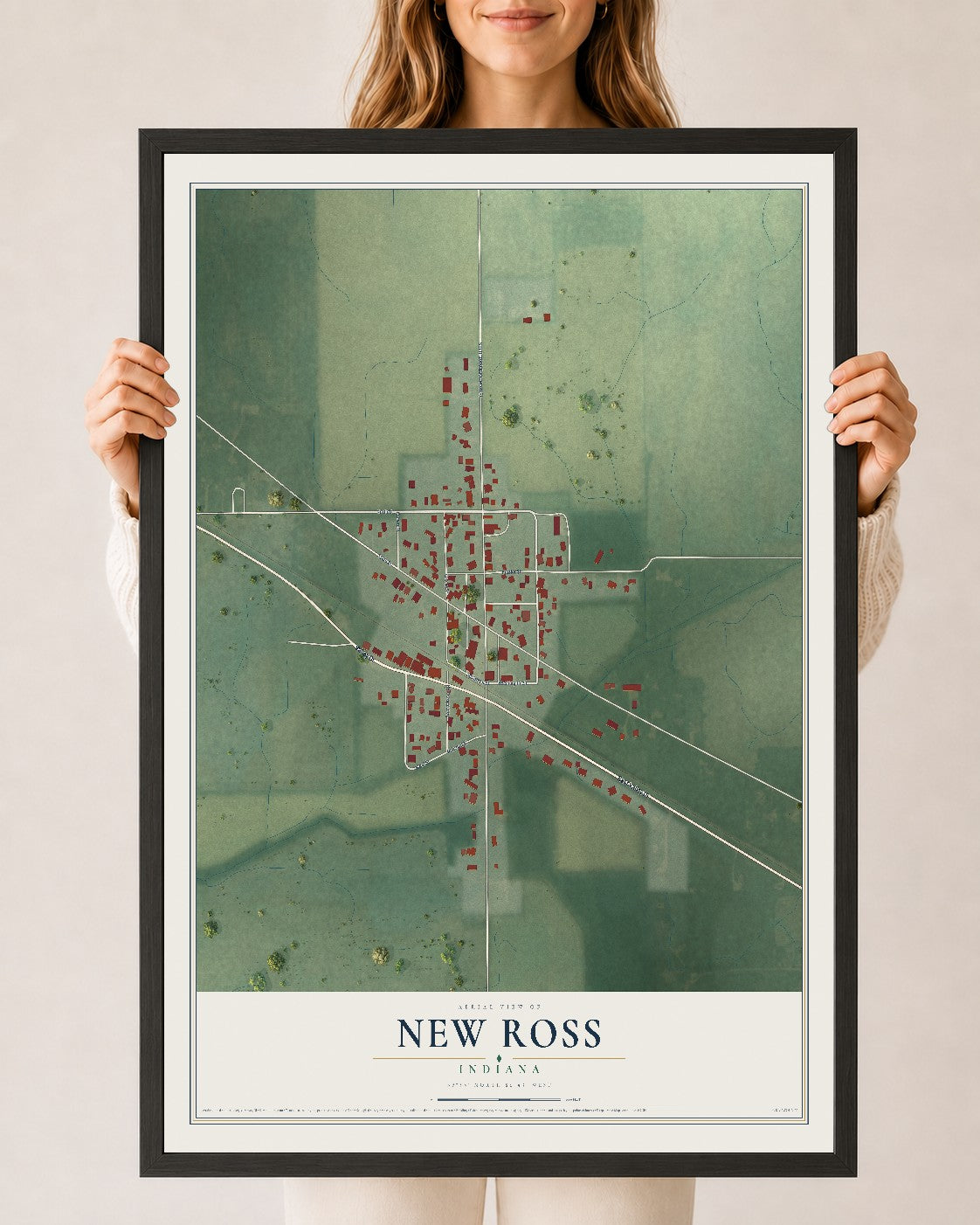 Map of New Ross, Indiana, 24 x 36 inch print in a black wood frame