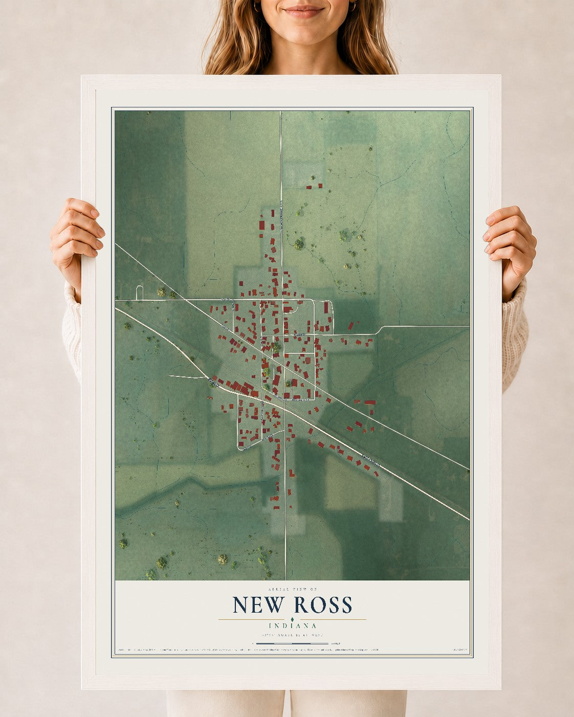 Map of New Ross, Indiana, 24 x 36 inch print in a white wood frame