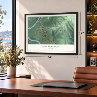 New Trenton, Indiana map, 18 x 24 inch print in a black frame in a home office