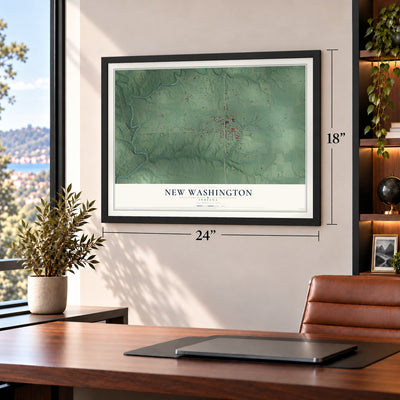 New Washington, Indiana map, 18 x 24 inch print in a black frame in a home office