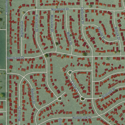 Close-up of the map of New Whiteland, Indiana print showing street and building detail