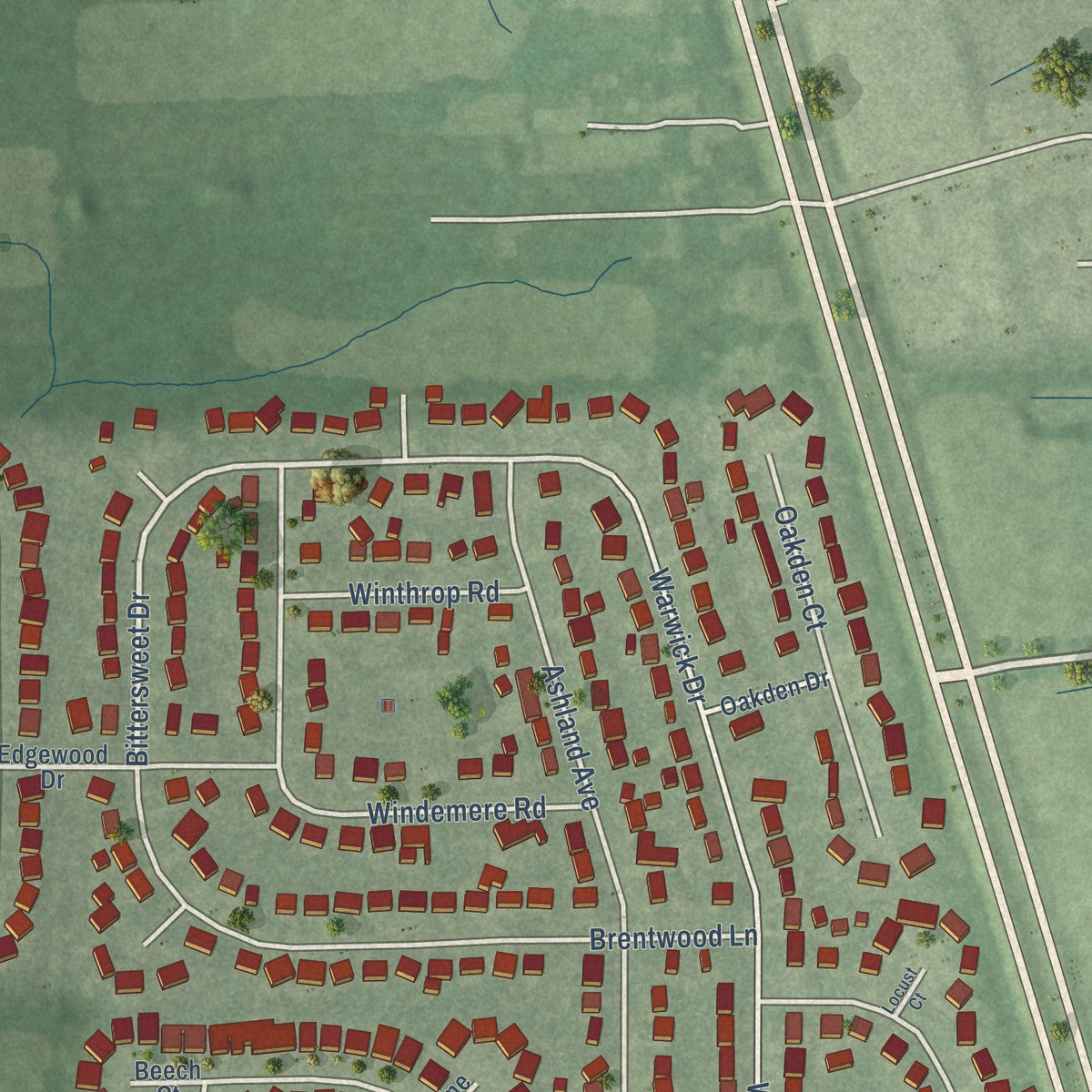 Second close-up of the map of New Whiteland, Indiana print showing more streets and buildings