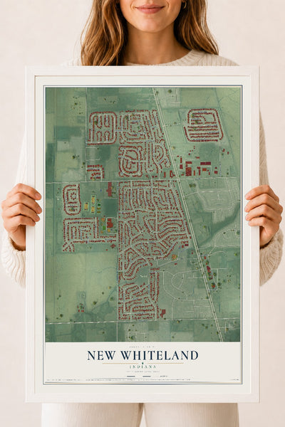 Map of New Whiteland, Indiana, 18 x 24 inch print in a white wood frame