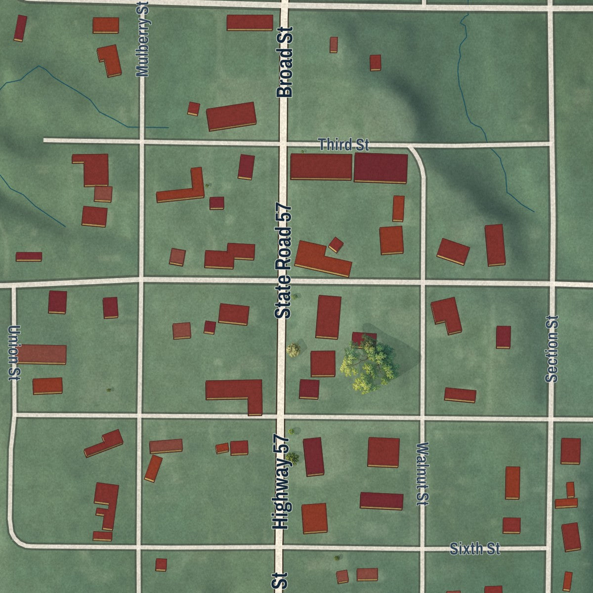 Close-up of the map of Newberry, Indiana print showing street and building detail