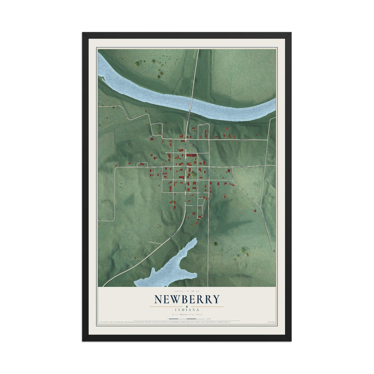 Map of Newberry, Indiana, 12 x 18 inch print in a black wood frame