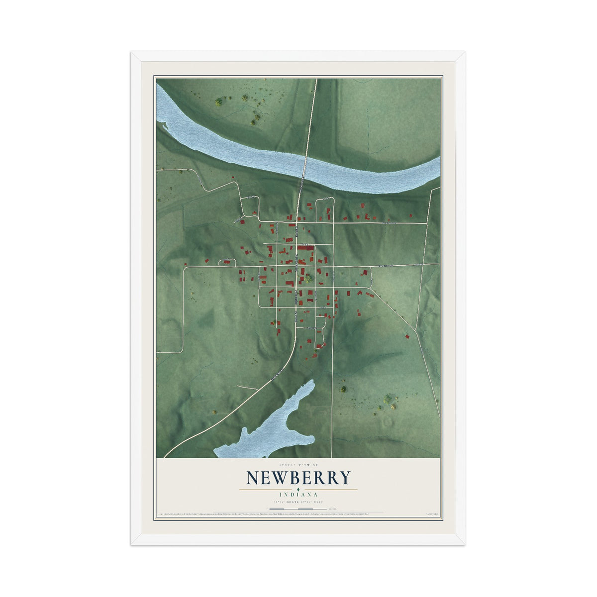 Map of Newberry, Indiana, 12 x 18 inch print in a white wood frame