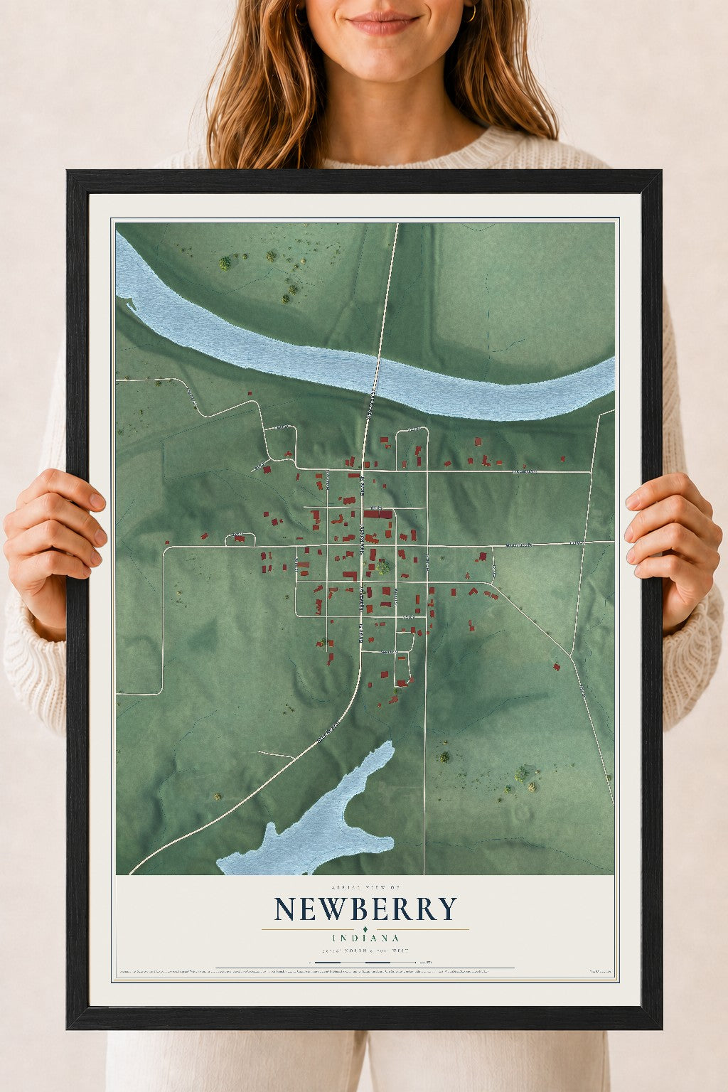 Map of Newberry, Indiana, 18 x 24 inch print in a black wood frame