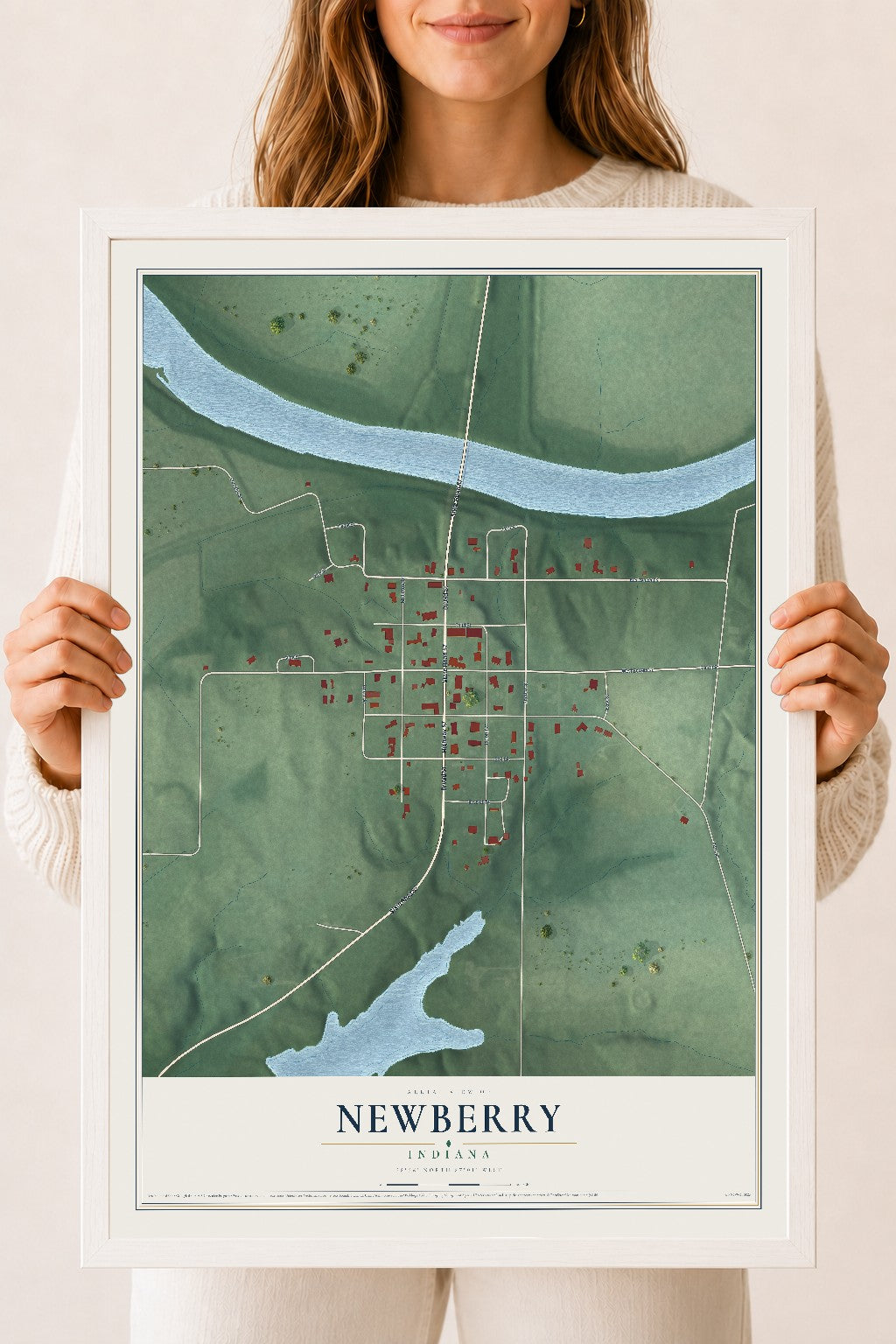 Map of Newberry, Indiana, 18 x 24 inch print in a white wood frame
