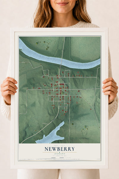 Map of Newberry, Indiana, 18 x 24 inch print in a white wood frame