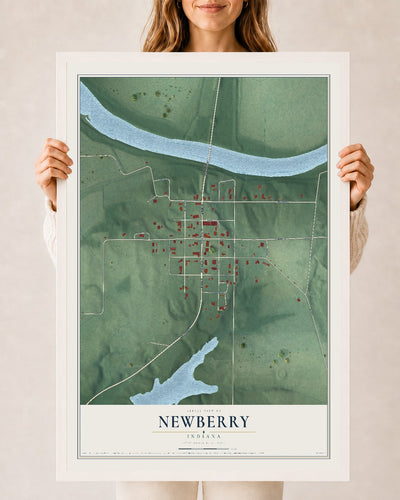 Map of Newberry, Indiana, 24 x 36 inch print in a white wood frame