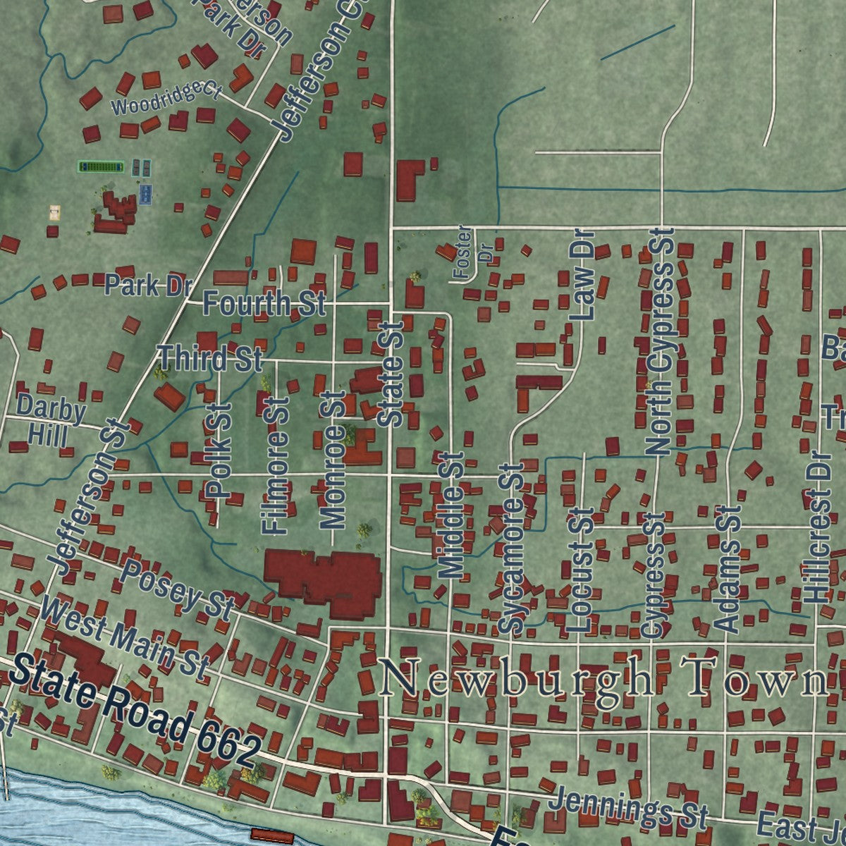 Close-up of the map of Newburgh, Indiana print showing street and building detail