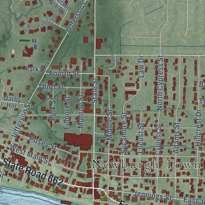 Close-up of the map of Newburgh, Indiana print showing street and building detail
