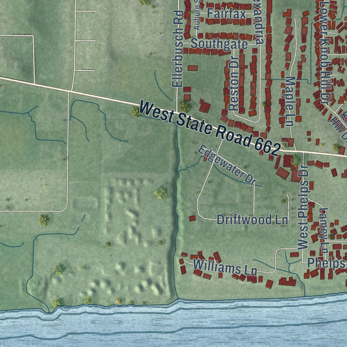 Second close-up of the map of Newburgh, Indiana print showing more streets and buildings