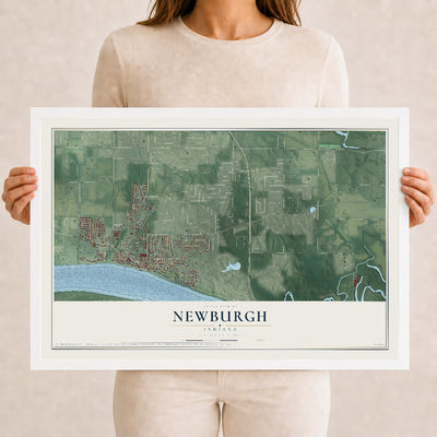 Map of Newburgh, Indiana, 12 x 18 inch print in a white wood frame