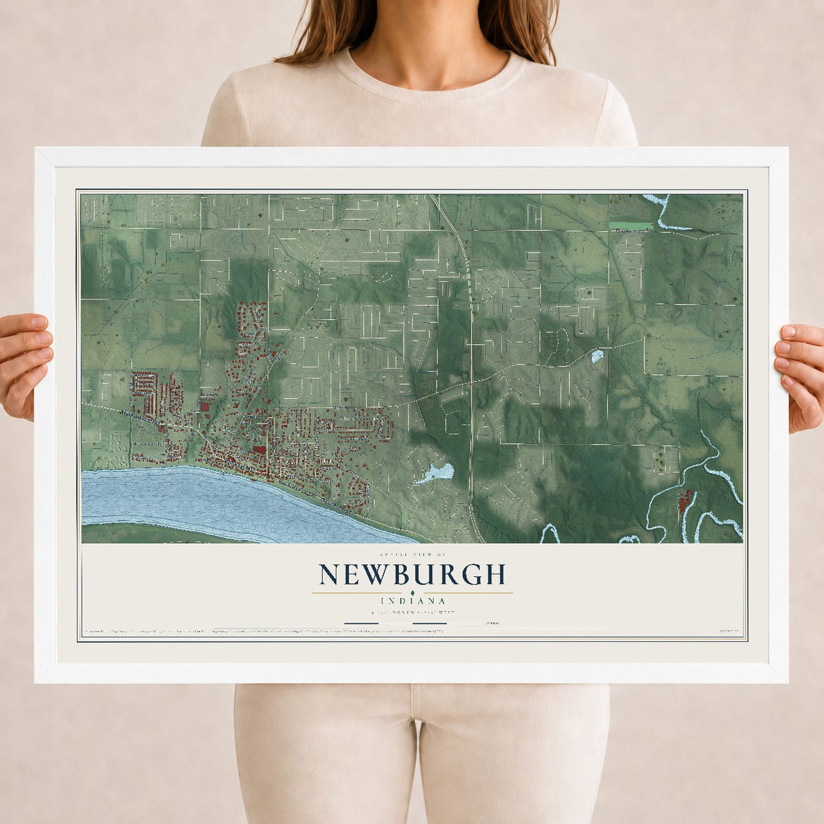 Map of Newburgh, Indiana, 18 x 24 inch print in a white wood frame