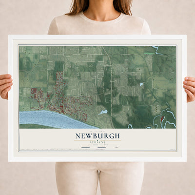 Map of Newburgh, Indiana, 18 x 24 inch print in a white wood frame