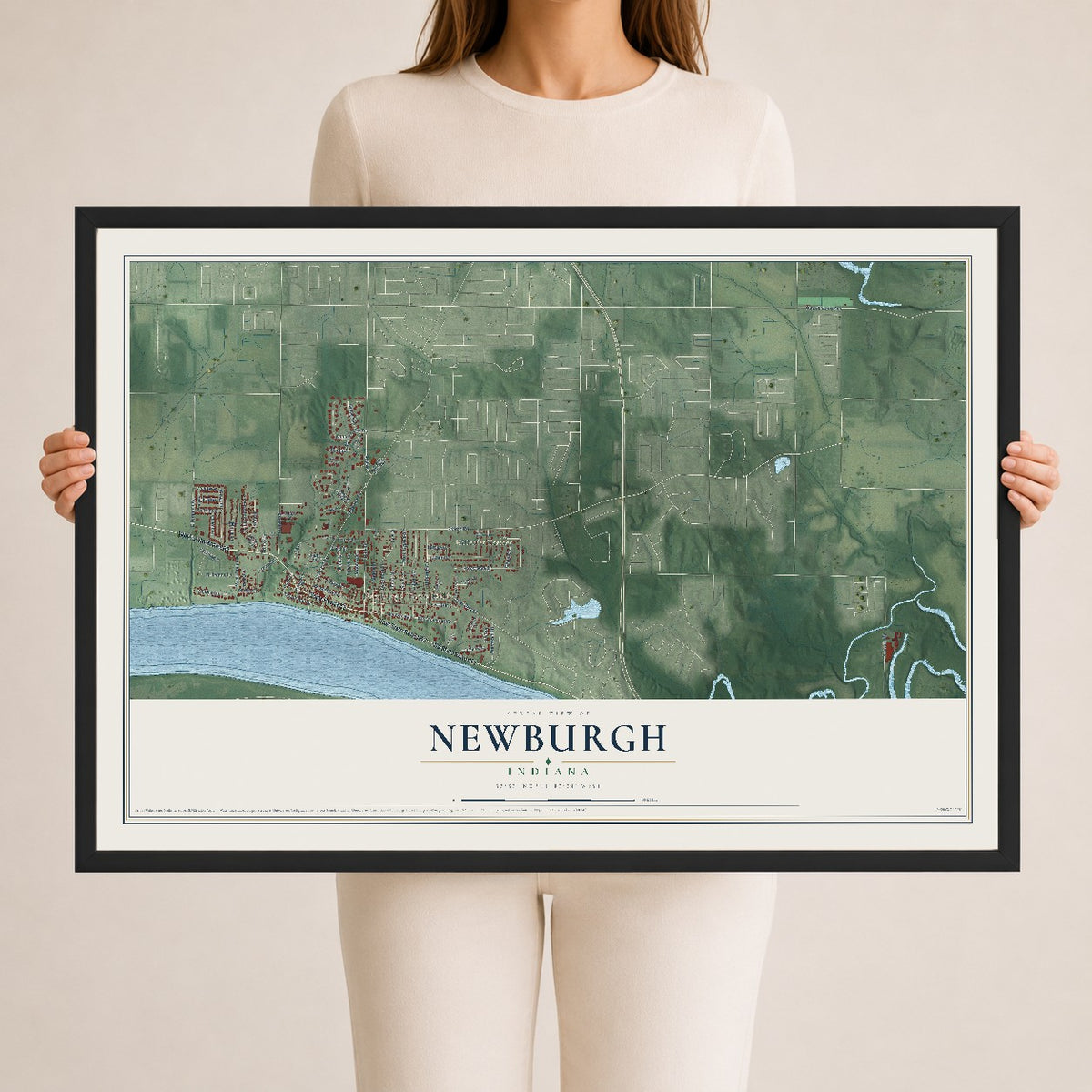 Map of Newburgh, Indiana, 24 x 36 inch print in a black wood frame