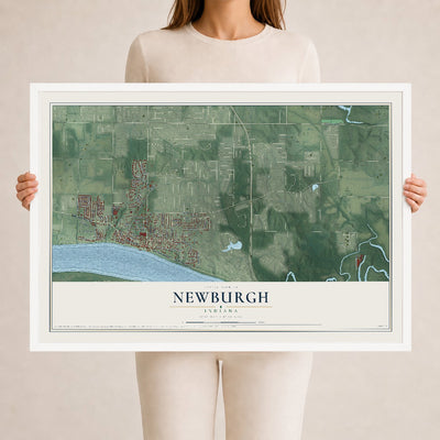 Map of Newburgh, Indiana, 24 x 36 inch print in a white wood frame
