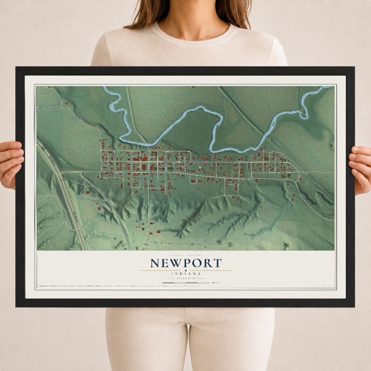 Map of Newport, Indiana, 18 x 24 inch print in a black wood frame