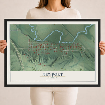 Map of Newport, Indiana, 18 x 24 inch print in a black wood frame