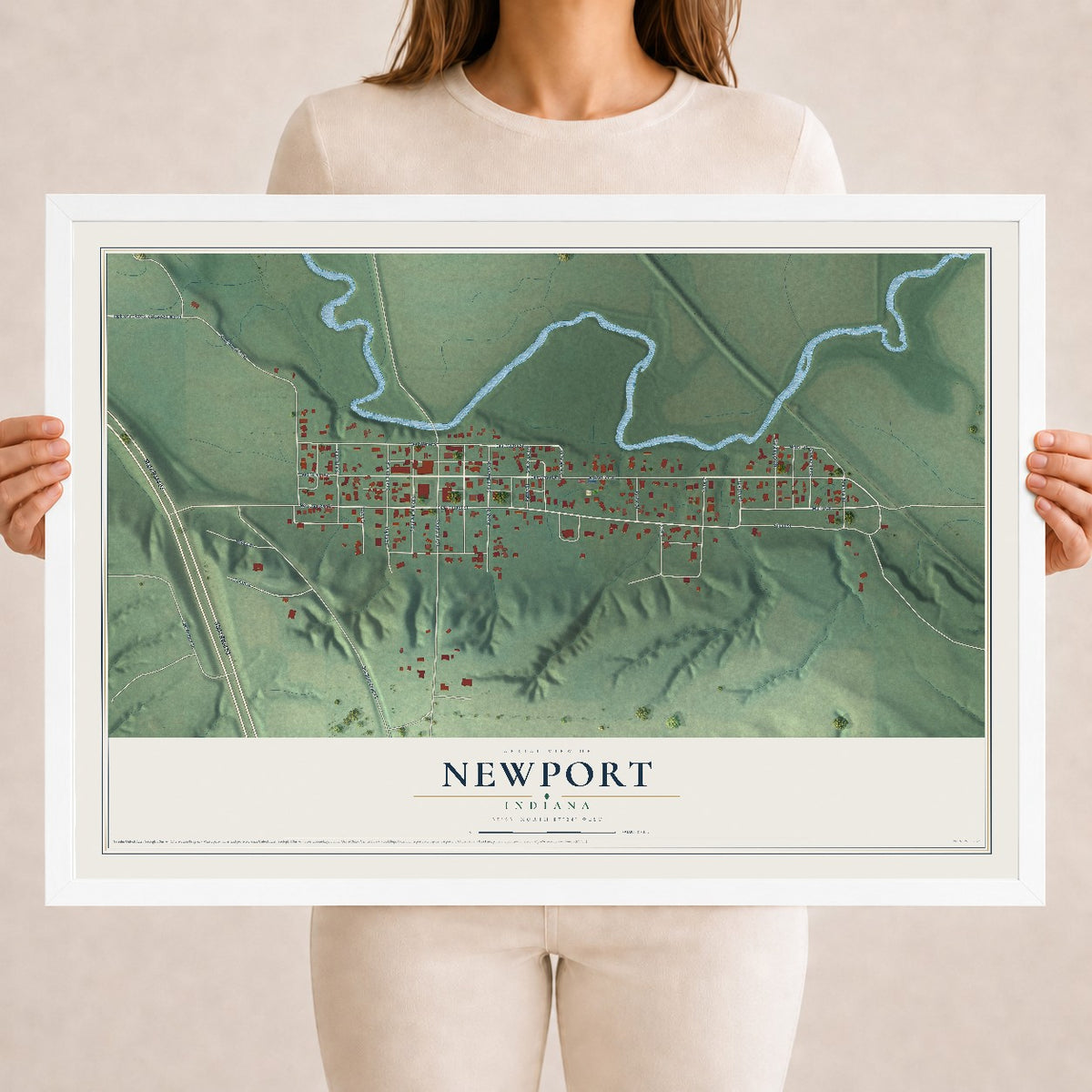 Map of Newport, Indiana, 18 x 24 inch print in a white wood frame