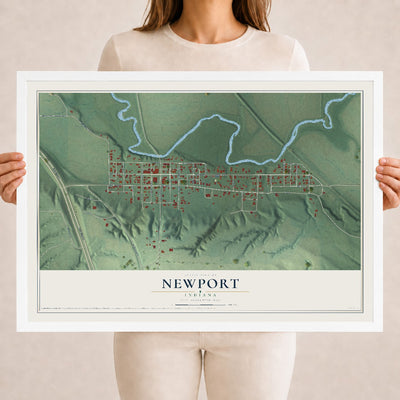 Map of Newport, Indiana, 18 x 24 inch print in a white wood frame