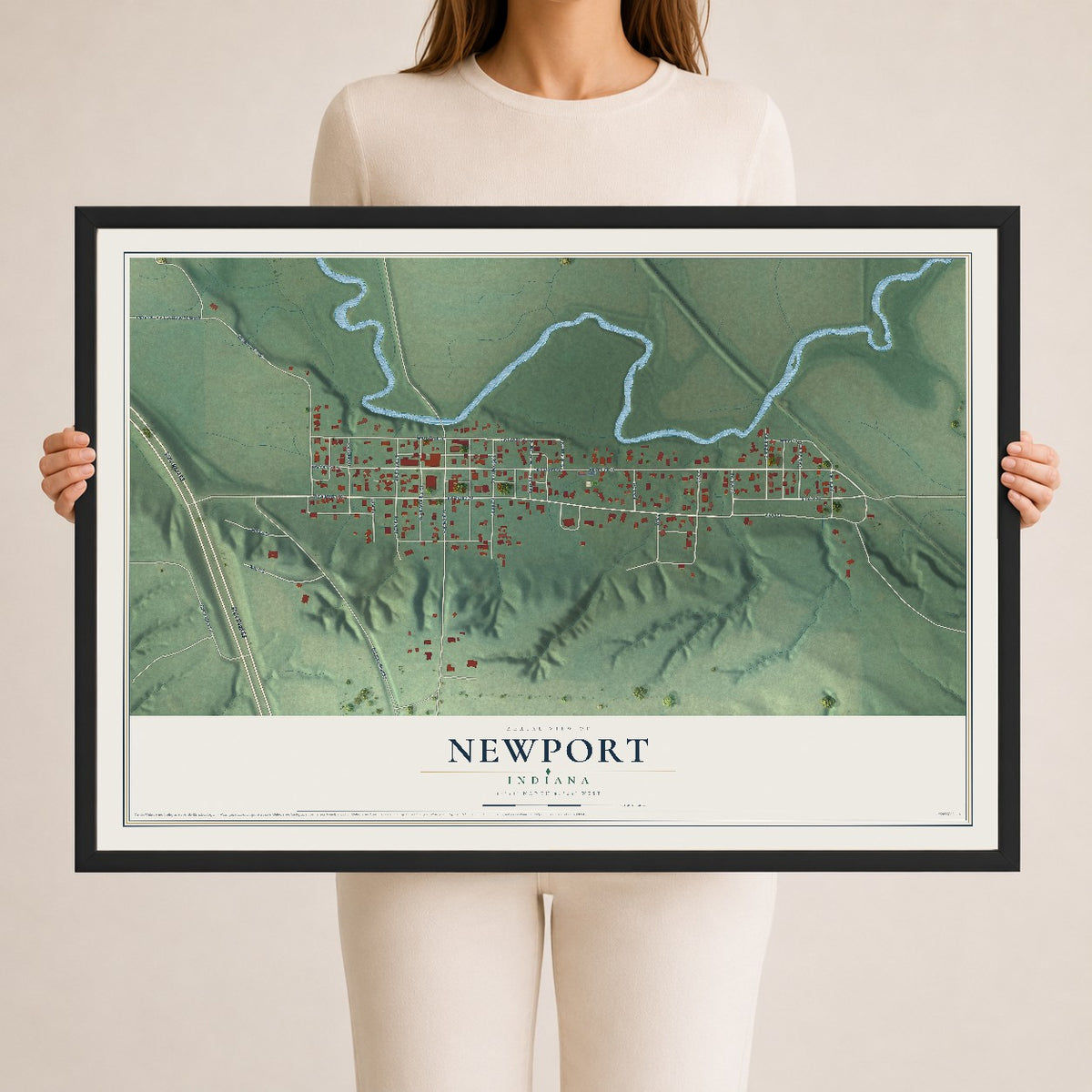 Map of Newport, Indiana, 24 x 36 inch print in a black wood frame