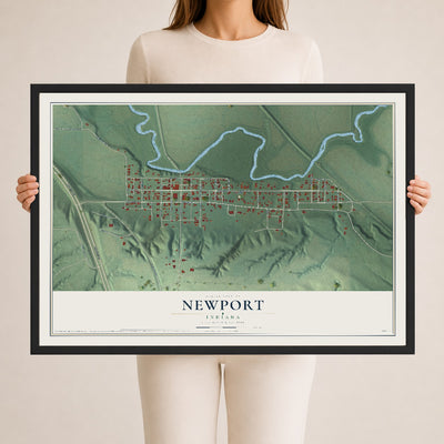 Map of Newport, Indiana, 24 x 36 inch print in a black wood frame