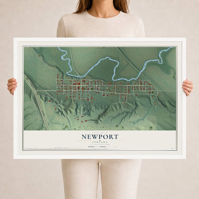 Map of Newport, Indiana, 24 x 36 inch print in a white wood frame