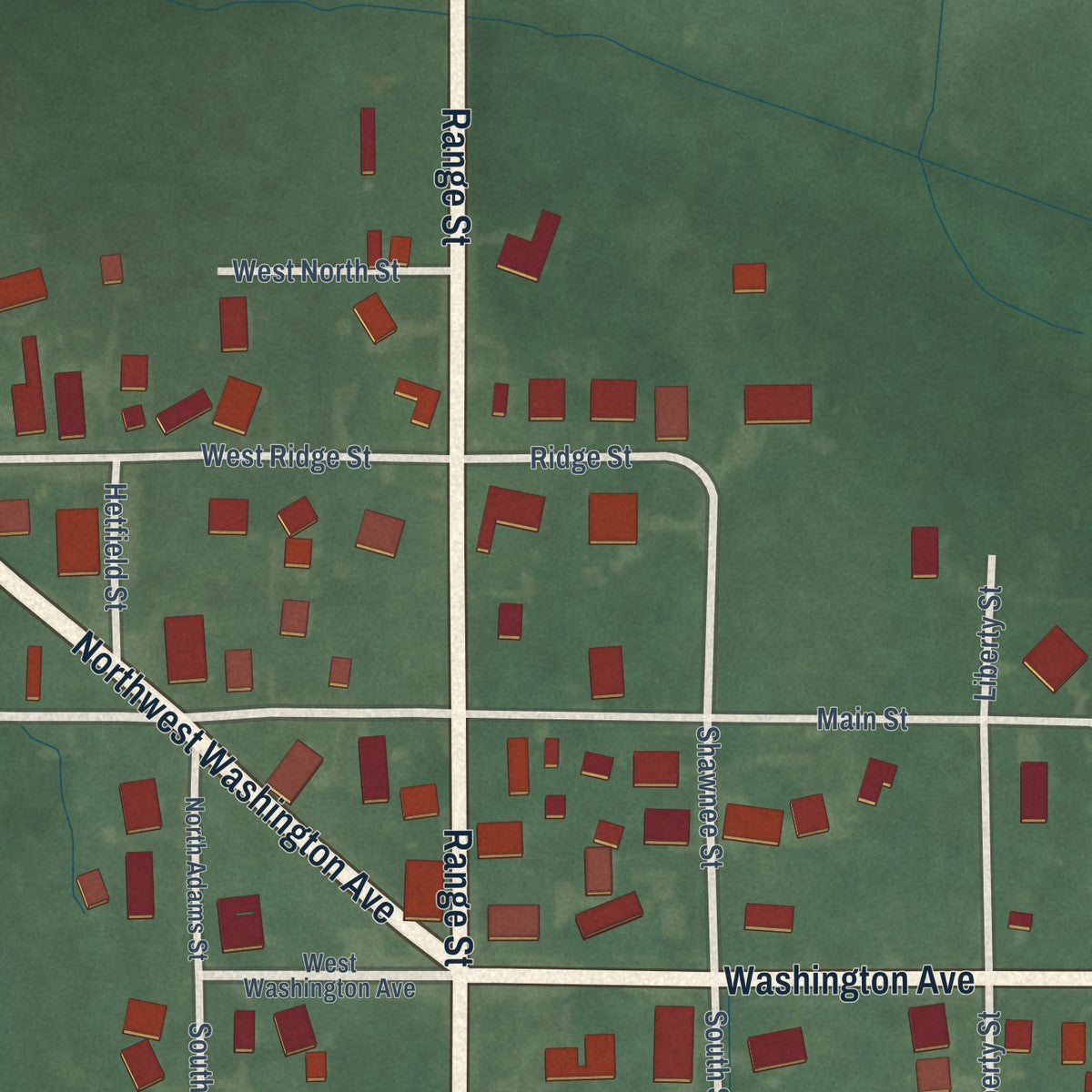 Close-up of the map of Newtown, Indiana print showing street and building detail