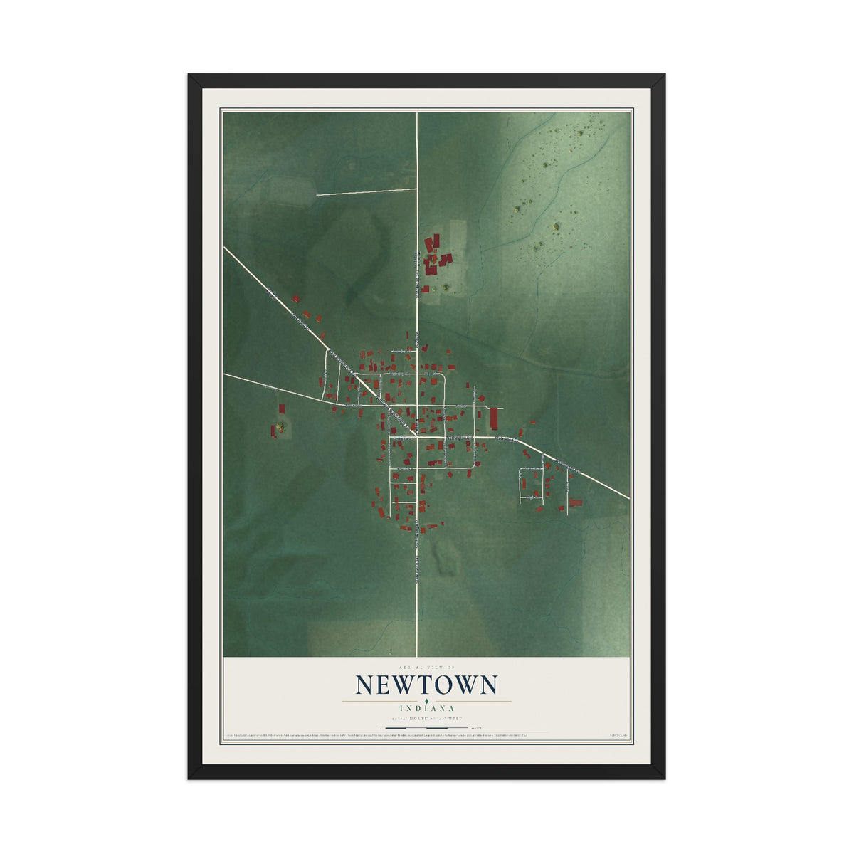 Map of Newtown, Indiana, 12 x 18 inch print in a black wood frame