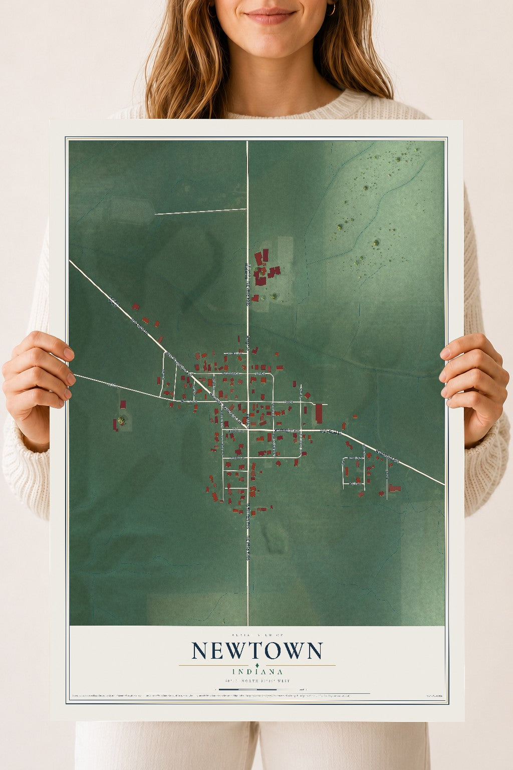 Map of Newtown, Indiana, 18 x 24 inch unframed archival matte print