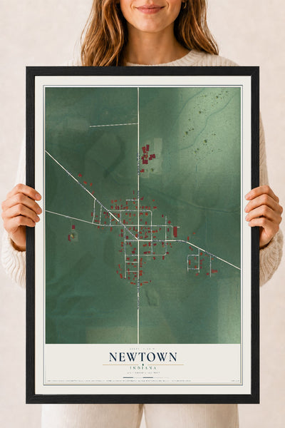 Map of Newtown, Indiana, 18 x 24 inch print in a black wood frame