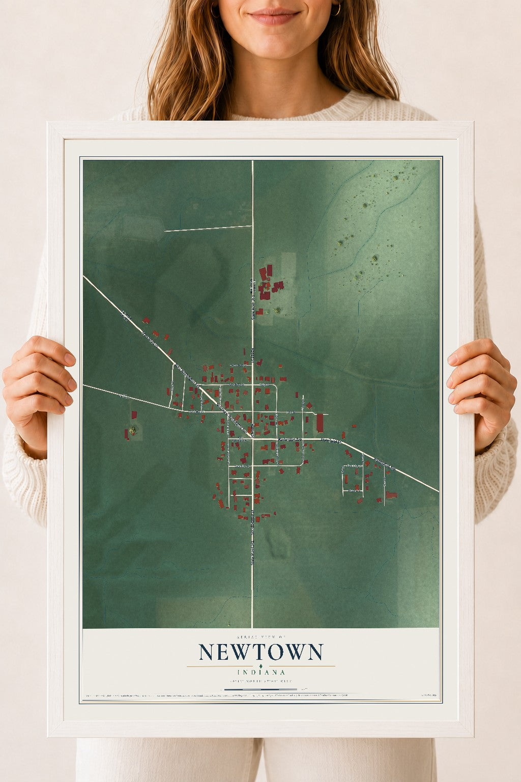 Map of Newtown, Indiana, 18 x 24 inch print in a white wood frame