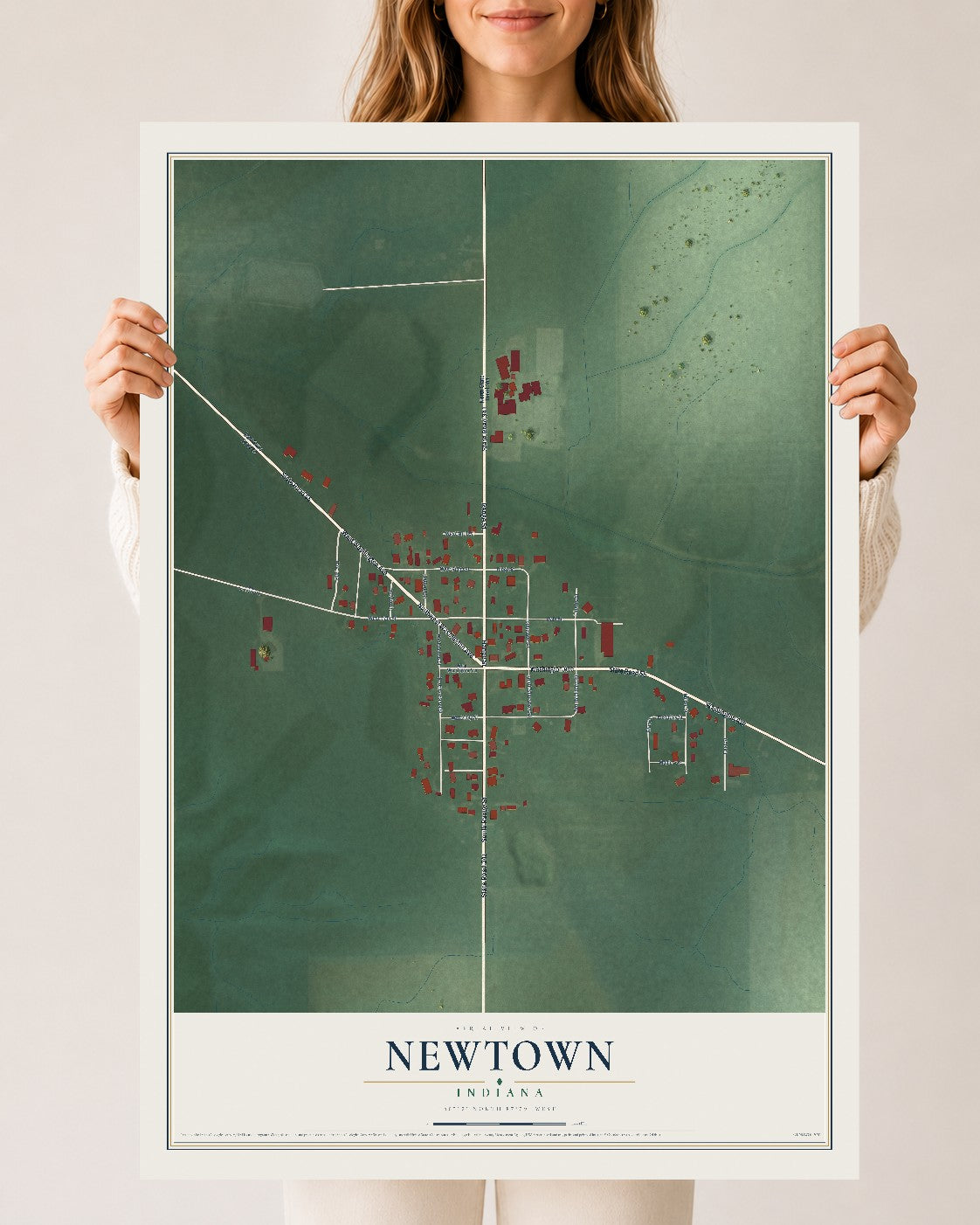Map of Newtown, Indiana, 24 x 36 inch unframed archival matte print