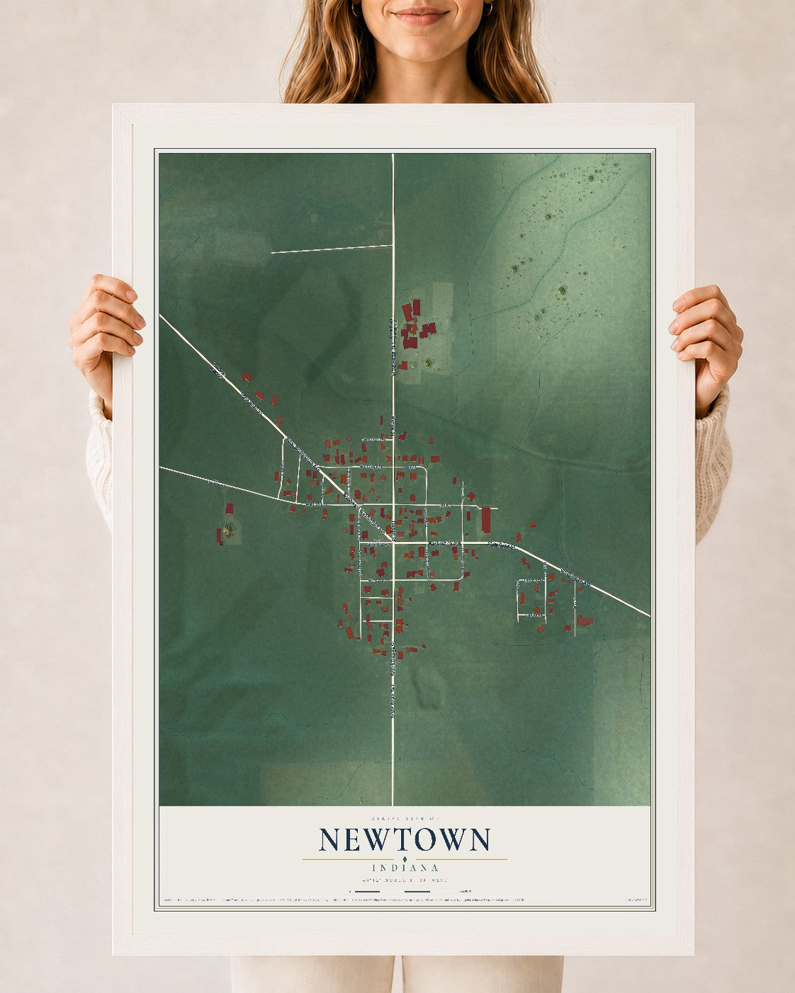Map of Newtown, Indiana, 24 x 36 inch print in a white wood frame