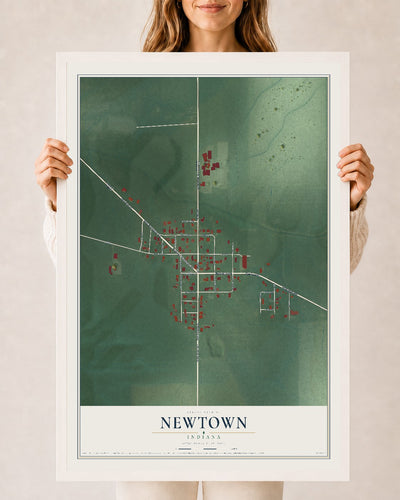 Map of Newtown, Indiana, 24 x 36 inch print in a white wood frame